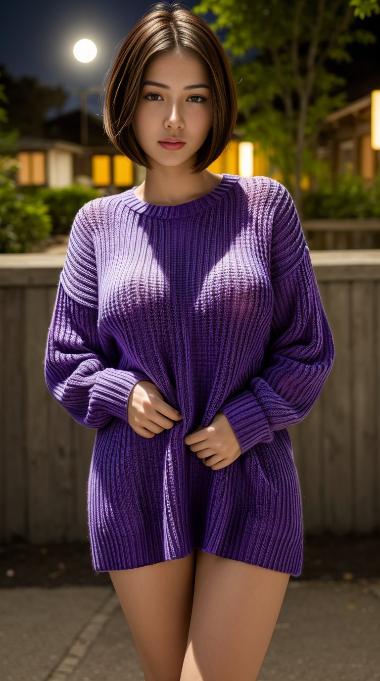 (masterpiece, best quality, photorealistic, 8k raw photo), 1girl, beautiful Japanese girl, 20 year old, huge breasts, short hair ((sideswept bob haircut)). nude only wearing ((oversized purple knitted sweater)), barefoot. standing, looking at viewer, mischievous expression, (full Moon night:1.0), realistic lighting, low_key, depth of field, perfect body, intricate detailed, finely detailed, high_res, hdr,1 girl, <lora:add_detail:1>