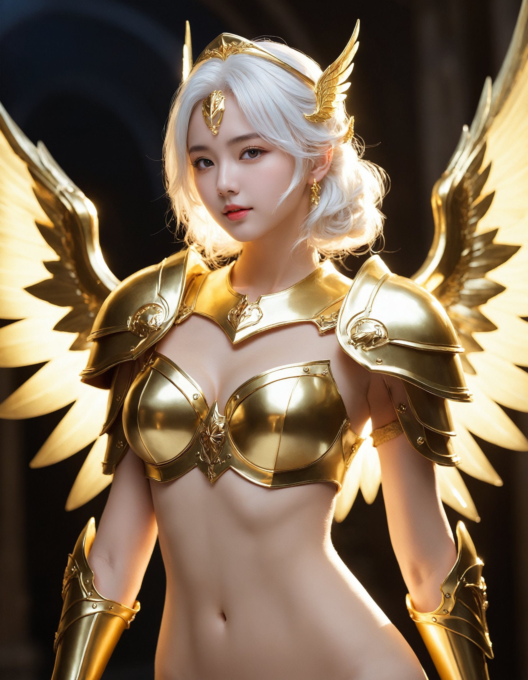 (a cute girl, 22 years old), nude. golden armor, gauntlets, pauldrons, tits, glowing halo, wings, necklace, goddess, white hair