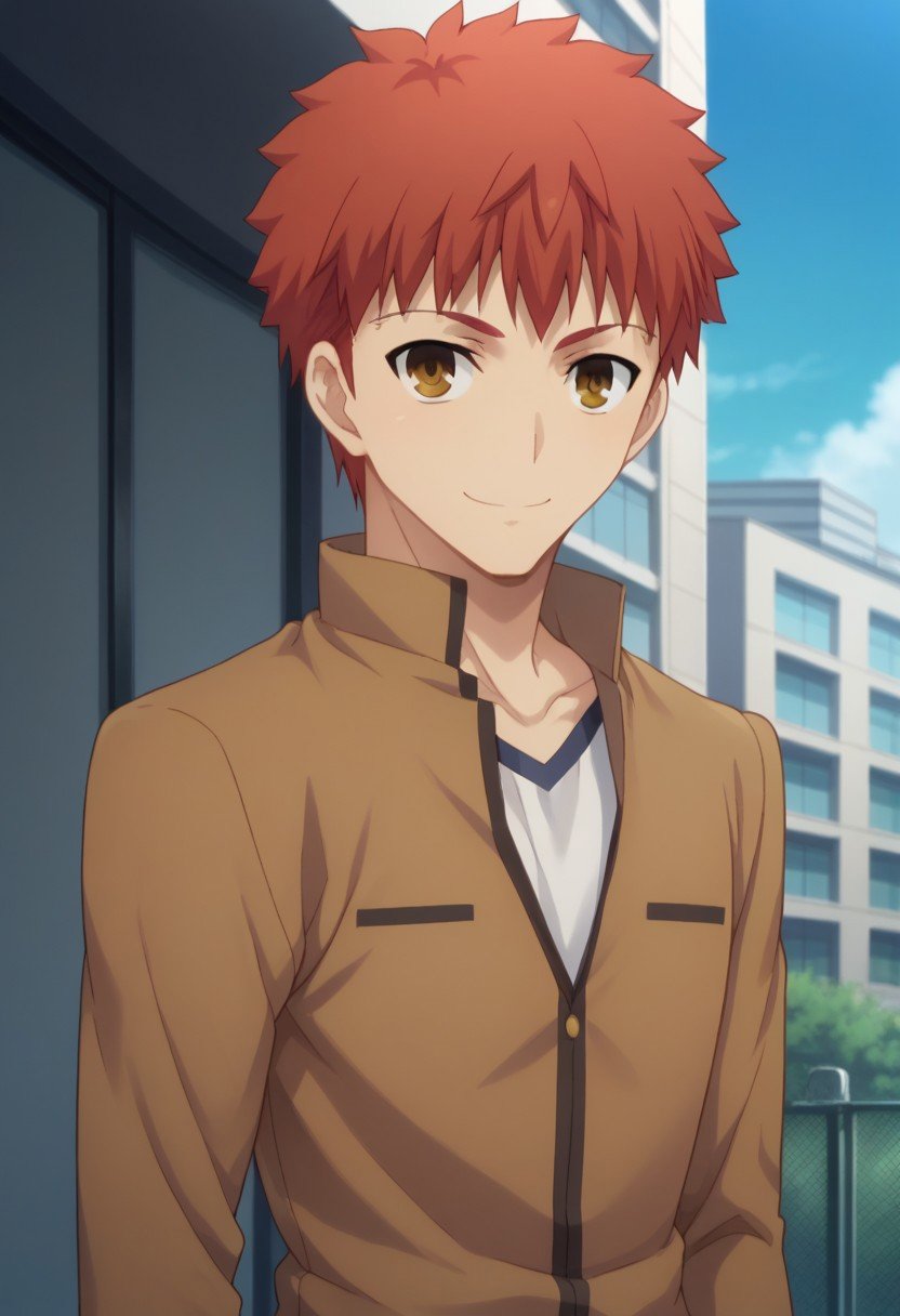 score_9, score_8_up, score_7_up, source_anime, highly detailed, shirouemiya, 1boy, school uniform, male focus, homurahara academy school uniform, solo,yellow eyes, pants, looking at viewer, orange hair, brown eyes,standing, red hair, smile, upper bodyoutdoor, buildings, sky, tree