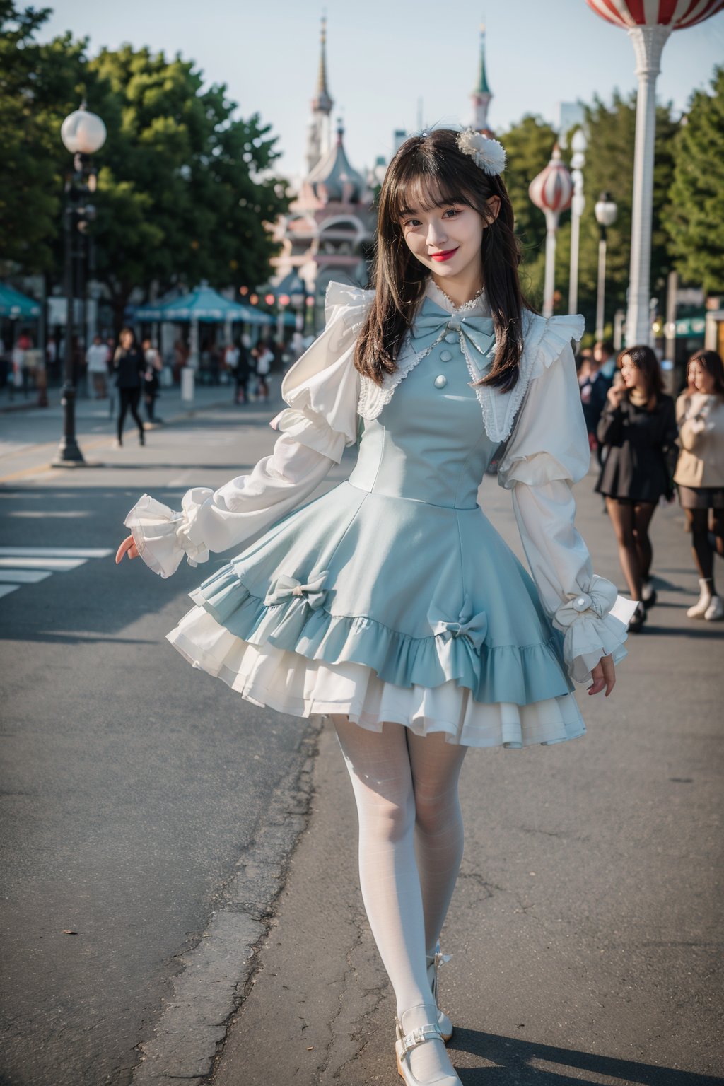 best quality, masterpiece, photorealistic, 1girl, solo, long straight black hair, blunt bangs, looking at viewer, smile, full body, standing, cyb dress, blue dress, long sleeves, puffy long sleeves, bow, (white pantyhose:1.4), mary janes, amusement park, people, <lora:cute_dress_style1_v1:0.7> 