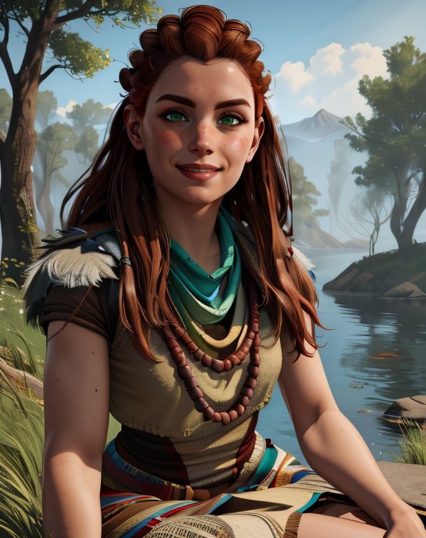 aloy,green eyes,red hair,long hair,tribal,dress,necklace,upper body,sitting,upper body, light smile, outdoors,science fiction,(insanely detailed, masterpiece, best quality),solo,<lora:aloy-10HFWv8:0.8>,