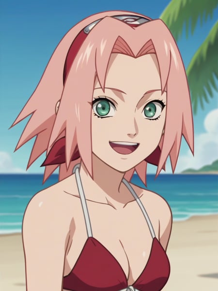 score_9, score_8_up,source_anime,1girl, haruno sakura, pink hair, long hair, green eyes,arms behind back, bikini, open mouth, smile, happy, solo, looking at viewer, sea, sand, blue sky, tropical island background, anime screencap, anime coloring  <lora:SakuraShippudenXL:1>