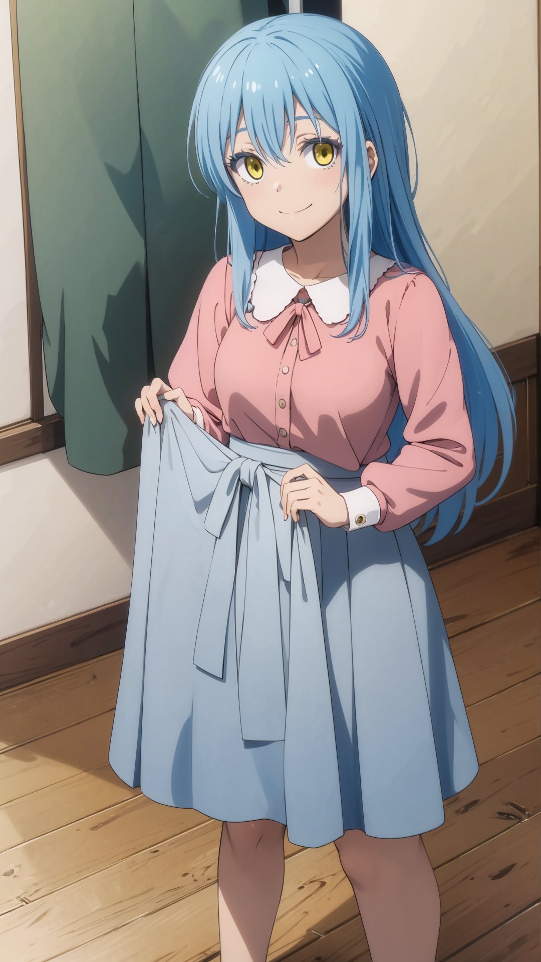 (masterpiece, best quality), ray tracing, absurdres, HDR,rimuru clothes, long hair, blue hair, yellow eyes, shirt, closed mouth, red shirt, 1girl, large breats,holding, rimuru tempest, skirt, bangs, pink shirt, smile, solo, hair between eyes, grey skirt, long sleeves, collared shirt, holding clothes,blush ,looking at viewer,indoors,barefoot,  <lora:rimuru_clothes01:0.7>