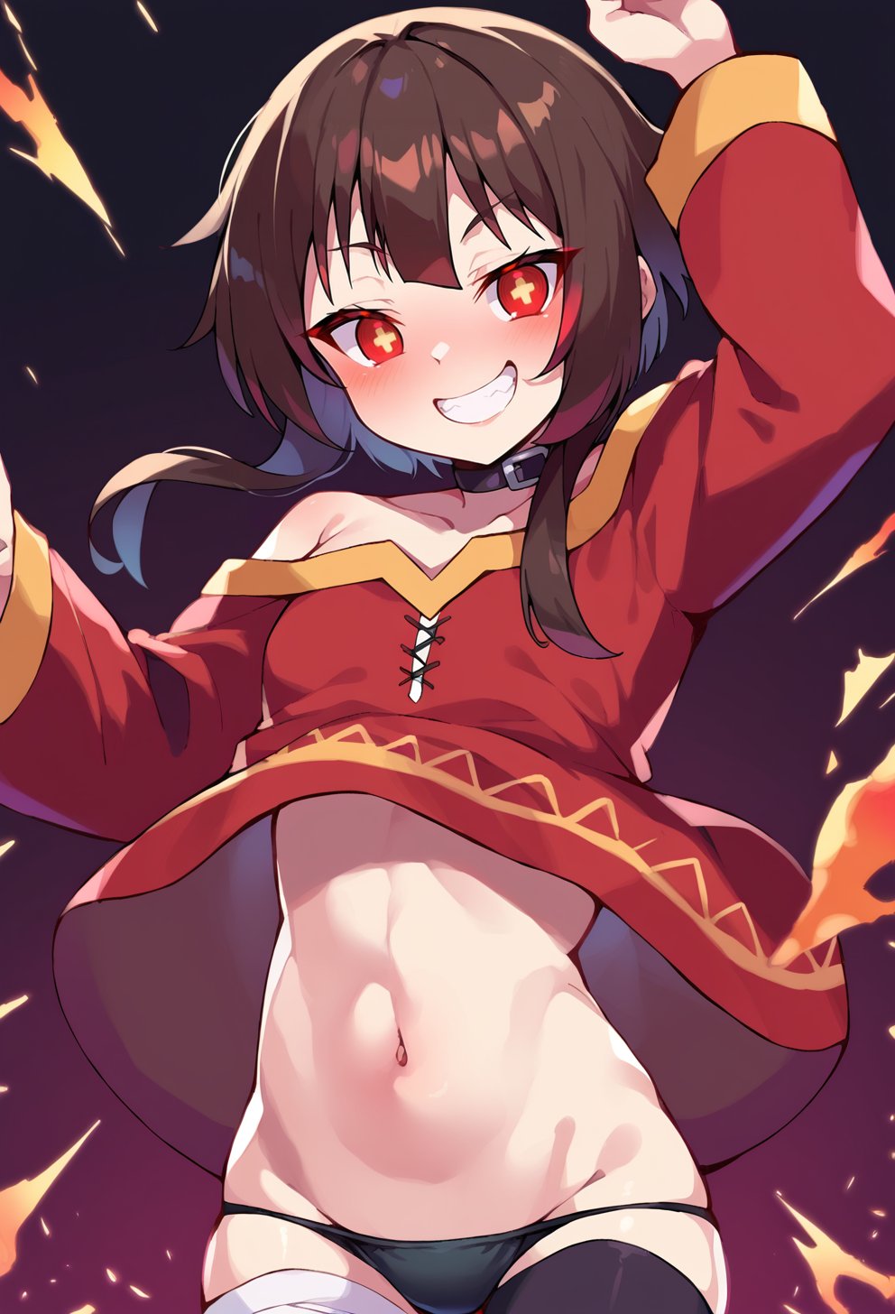 score_9, score_8_up, score_7_up, score_6_up, source anime, BREAK<lora:konosuba_megumin:0.8> nimugempnxl, megumin, 1girl, solo, short hair with long locks, small breasts, upper body,bandaged leg, black panties, bandages, thighhighs, navel, looking at viewer, blush, single thighhigh, grin, asymmetrical legwear, grin, symbol-shaped pupils, glowing eyes, glint,background explosion