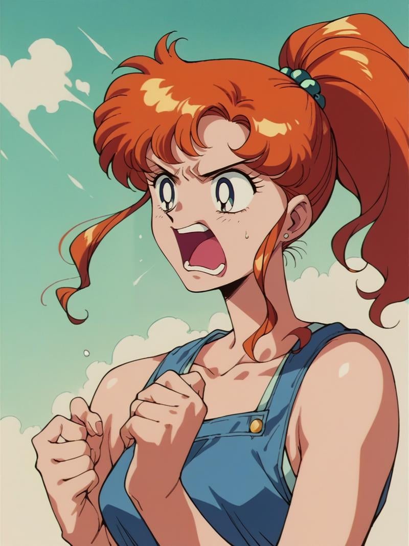 score_9, score_8_up, score_7_up, score_6_up, score_5_up,   <lora:s41l0rm00nXLP:1> s41l0rm00n, retro artstyle, 1girl, ginger hair, ponytail, mad, shouting, 