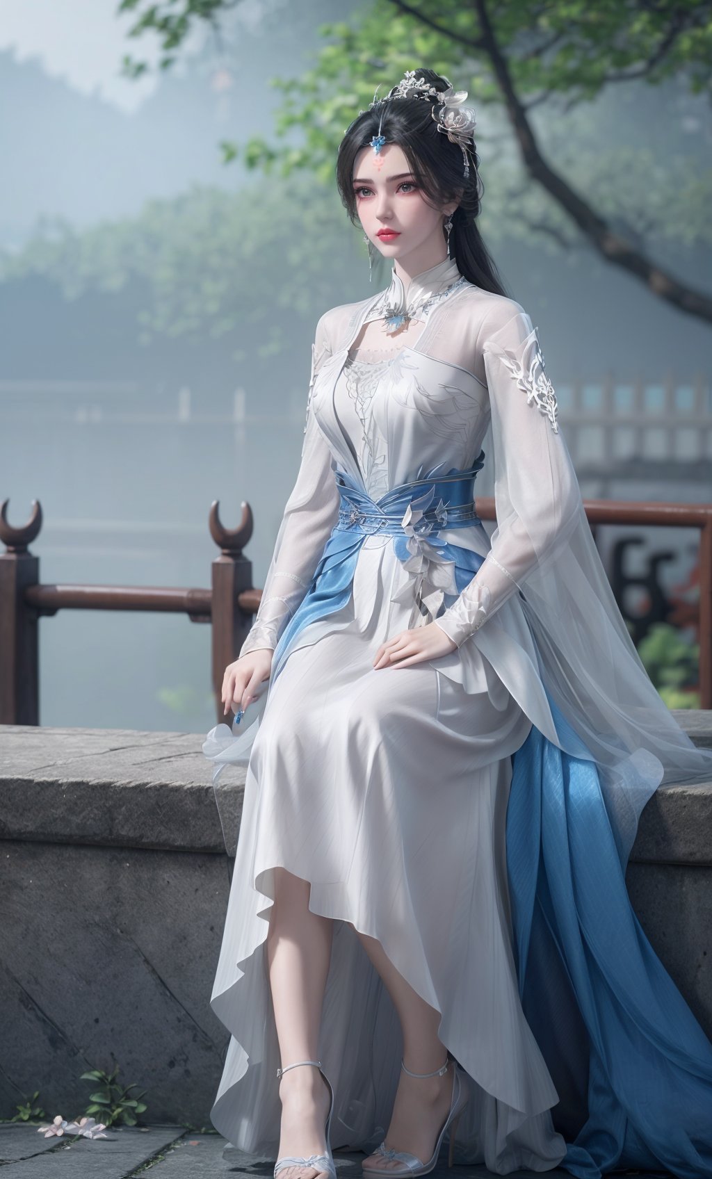 ,,masterpiece,(best quality),official art,extremely detailed cg 8k wallpaper,(extremely delicate and beautiful),solo,realistic,photo_\(medium\),full body,square-toe heels,facial tattoo,(,chinese clothes,, gown, jewelry , long hair, white gown, sash, long sleeves),adfxx,1girl,solo,earrings,flower,facial mark,hair bun,hair flower,black hair,hair ornament,realistic,<lora:40muwan-10:0.7>,adfxx,