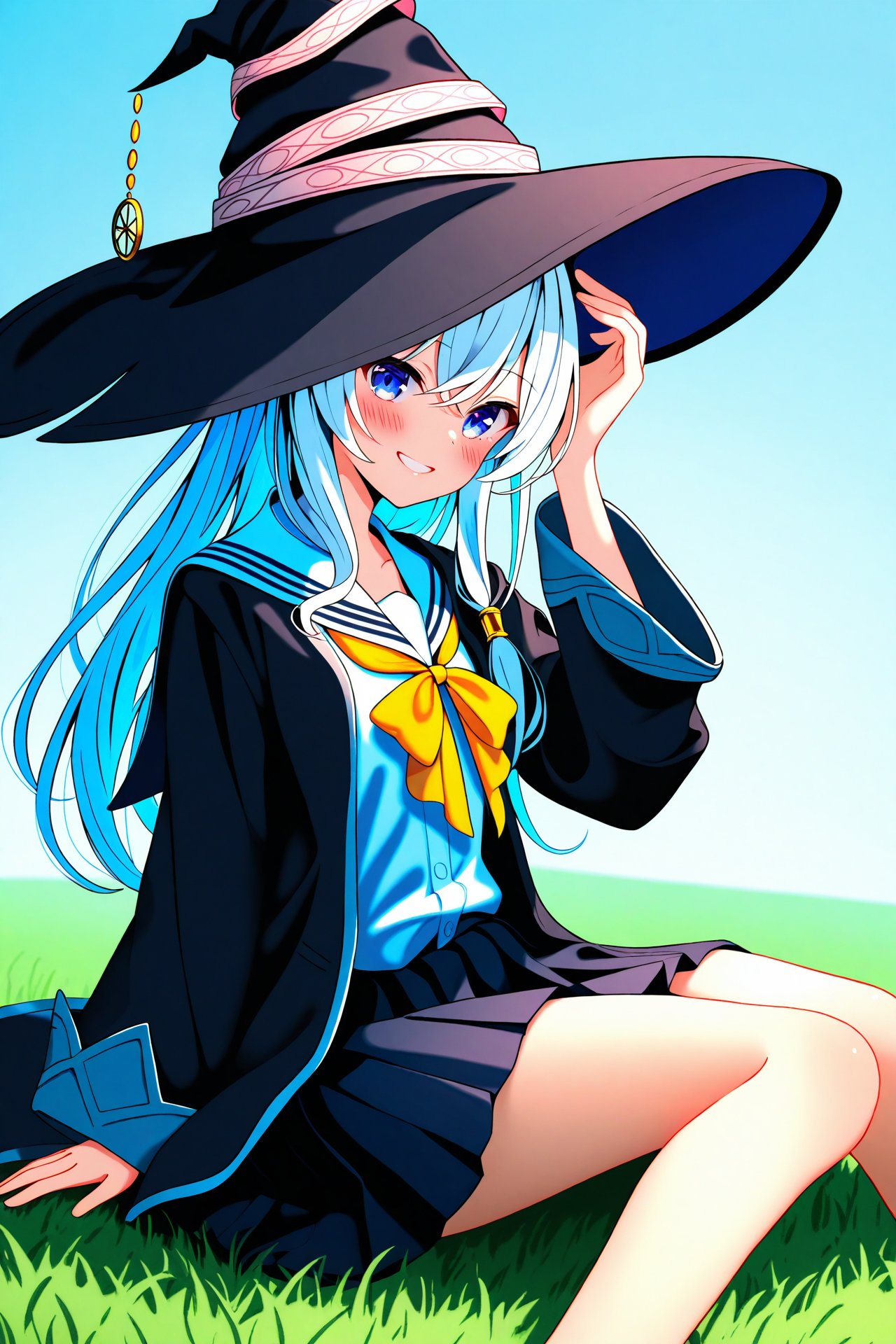 (masterpiece),(best quality),illustration,ultra detailed,hdr,Depth of field,(colorful),nai3 Style,1girl,elaina (majo no tabitabi),solo,hat,witch hat,long hair,skirt,black headwear,smile,white hair,sailor collar,shirt,pleated skirt,blue eyes,long sleeves,hair between eyes,hand on headwear,sitting,white shirt,looking at viewer,bow,blush,robe,black robe,black skirt,open robe,white background,white sailor collar,purple eyes,grin,yellow bow,school uniform,bowtie,open clothes,grass,black coat,