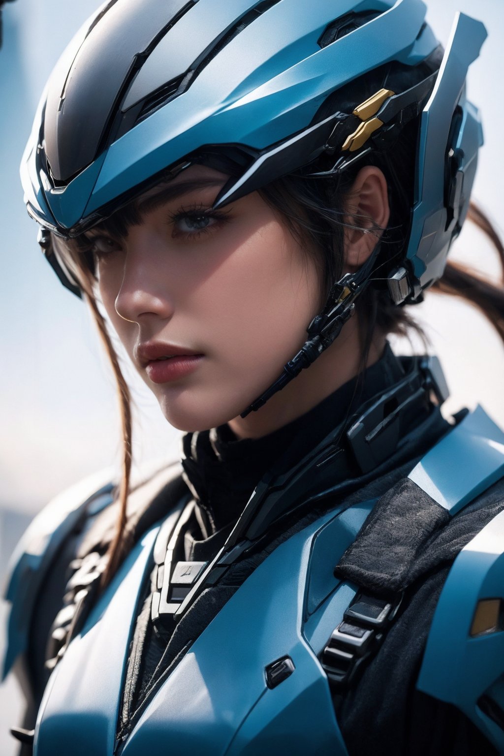 photorealistic,1girl,long hair,cyberpunk armor,helmet
