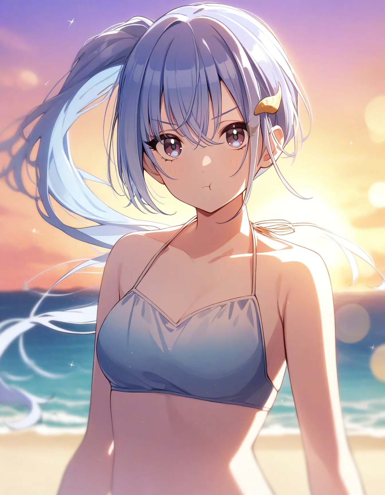 h_suzuki, 1girl, blue hair, windy, floating hair, pout, long hair, side ponytail, sunset, sky, beach, looking at viewer, bangs, upper body, bikini, hair ornament, medium breast, sparkle, depth of field, bokeh, blurry, lens flaremasterpiece, best quality, very aesthetic, absurdres <lora:a31_h_suzukiXL:1>