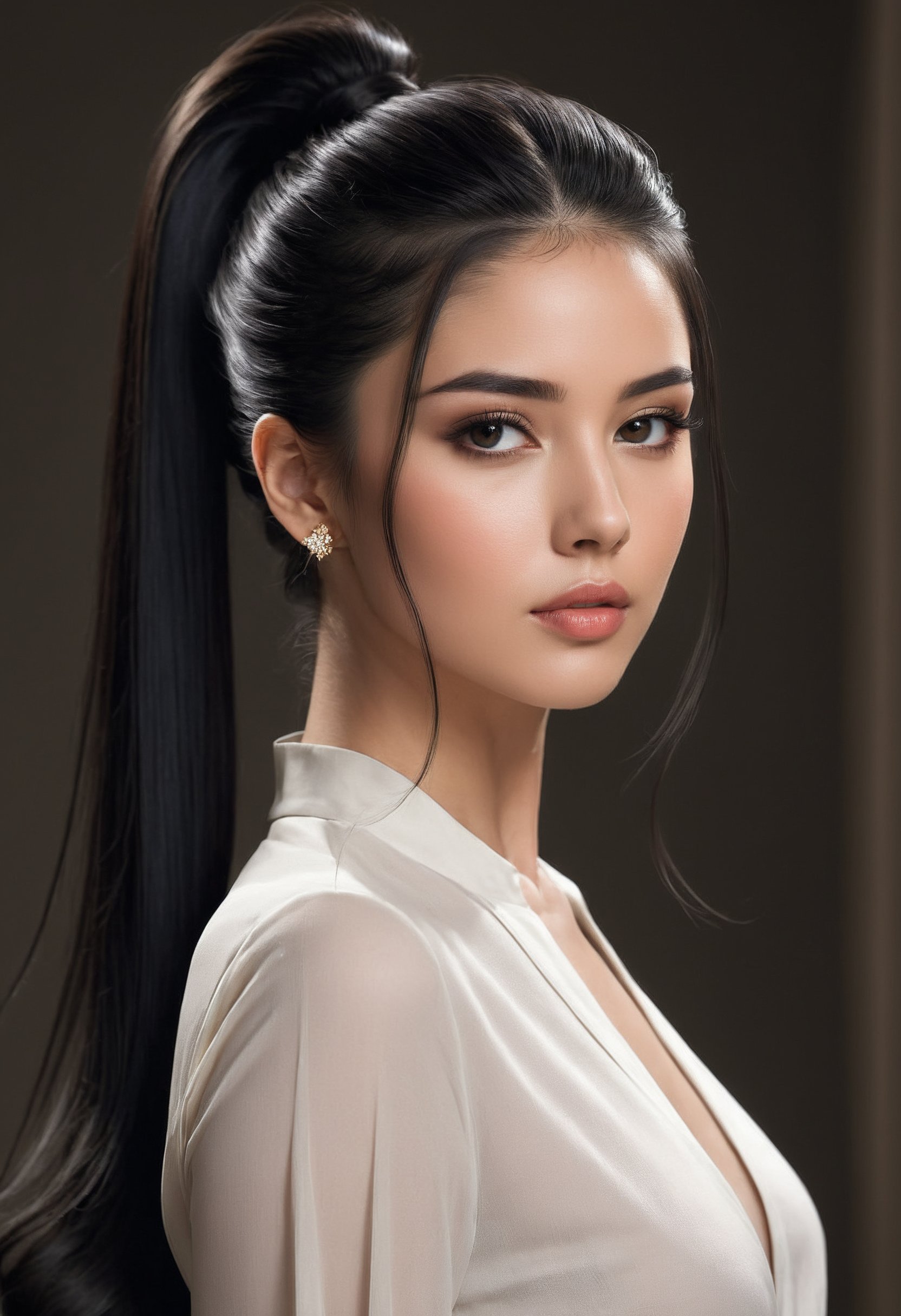 1girl, beautiful woman, elegant pose, ponytail hairstyle, flowing black hair, piercing black eyes, full lips, closed mouth, serene expression, clothes, upper body portrait, direct gaze at viewer, soft lighting, high-quality detailed render, photorealistic style