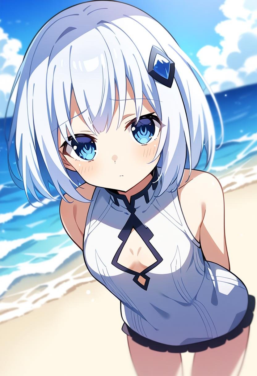 1girl, (tobiichi origami:1.2), date a live, white hair, short hair, blue eyes, small breasts, hairclip, knit sweater, sleeveless, cleavage cutout, arms behind back, leaning forward, expressionless, closed mouth, beach, ocean, blue sky, cloud, depth of field, medium shotmasterpiece, best quality, very aesthetic, absurdres,