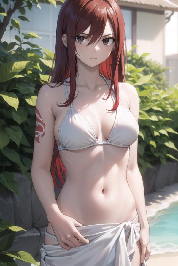 erzascarlet, <lora:erza scarlet v2-lora-nochekaiser:1>,erza scarlet, long hair, (red hair:1.5), hair between eyes, (brown eyes:1.7),BREAK navel, swimsuit, bikini, tattoo, white bikini, (sarong:1.5),BREAK outdoors, beach,BREAK looking at viewer,BREAK <lyco:GoodHands-beta2:1>, (masterpiece:1.2), best quality, high resolution, unity 8k wallpaper, (illustration:0.8), (beautiful detailed eyes:1.6), extremely detailed face, perfect lighting, extremely detailed CG, (perfect hands, perfect anatomy),