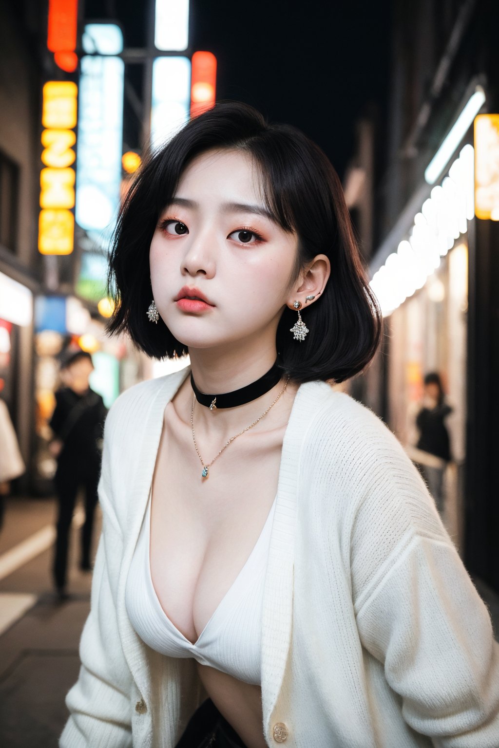 masterpiece, best quality,portrait photo of 22 years old J-pop girl in white cardigan, earrings, choker, cleavage, pale skin, (pout, thin lip), hard shadows, night street background, (instagram photo), (low angle/from below:1.2),