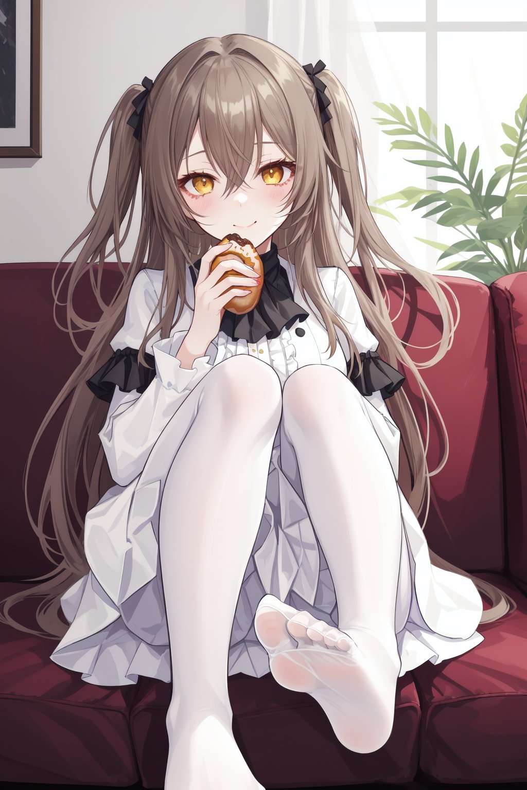 1girl,ump45 \(girls' frontline\),official alternate costume,scar across eye,no shoes,solo,scar,pantyhose,white pantyhose,scar on face,food,feet,long hair,holding,soles,holding food,purple ascot,long sleeves,bangs,looking at viewer,couch,one side up,white skirt,doughnut,hair between eyes,toes,skirt,sitting,black shirt,eating,foot focus,brown eyes,closed mouth,on couch,ascot,frills,shirt,grey hair,food on face,very long hair,brown hair,blush,yellow eyes,frilled sleeves,legs,smile,dress,white dress,foreshortening,md-style,