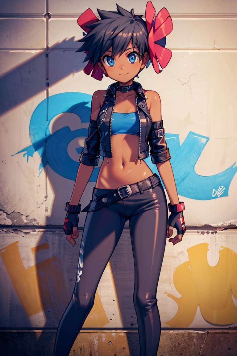 <lora:Bold_CAT:0.4>,  <lora:more_details:0.5>,  ((masterpiece, best quality)), <lora:Phoebe_Pokemon:0.8>, Phoebe_Pokemon,  blue eyes, hair flower, dark skin,  solo, smile,  leather jacket, leather pants, strapless bra, black jacket, tight pants, black choker, zipper, fingerless gloves, biker clothes, spikes, unzipped, multiple belts, shiny clothes, high collar, (graffiti:1.2), brick wall,