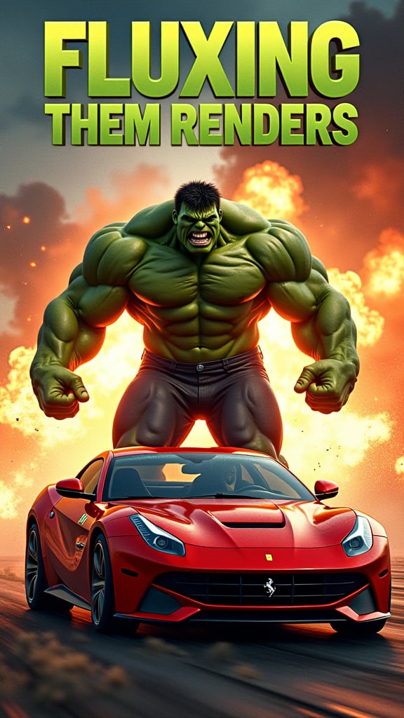 Title: Display the title "FLUXING THEM RENDERS" in large playful text at the top or center of the poster.Main Character: Depict The incredible Hulk smashing a Ferrari, dynamic pose,Background: large explosions with a space marine battle scene, Ensure the background is vibrant and engaging.