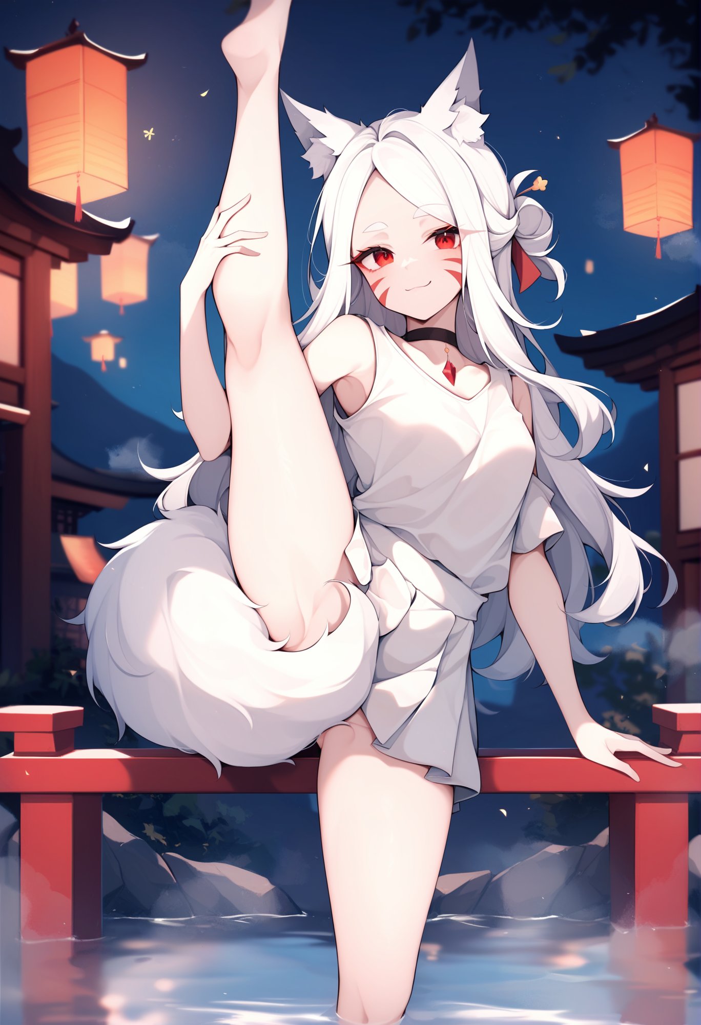 by hisha \(kan moko\), best quality, masterpiece, score_9, score_8_up, score_7_up,1girl, shiro \(sewayaki kitsune no senko-san\), animal ear fluff, fox girl, fox ears, fox tail, eyelashes, white hair, long hair, red eyes, facial whisker markings, pale skin, choker gem, sleeveless t-shirt, skirt, no panties, tail censor, full body, smug, standing split, holding leg,outdoors, dark night, hot springs, pagoda, lanterns, steam, water