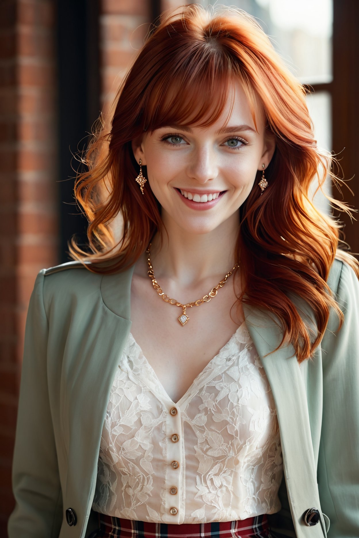 Beautiful, soft light, (beautiful and delicate eyes), very detailed, pale skin, big smile, (long hair), dreamy, medium chest, female 1, ((front shot)), bangs, fiery red hair, soft expression, elegant , bright smile, concept art, small necklace, small earrings, jewelry, shyness, dreamy soft image, skirt, shirt, jacket, color, photorealistic, realistic, (masterpiece:1.2), (best quality:1.2), ultra-detailed, best shadow, detailed background, high contrast, (best illumination, an extremely delicate and beautiful), ((cinematic light)), 8k, very aesthetic,