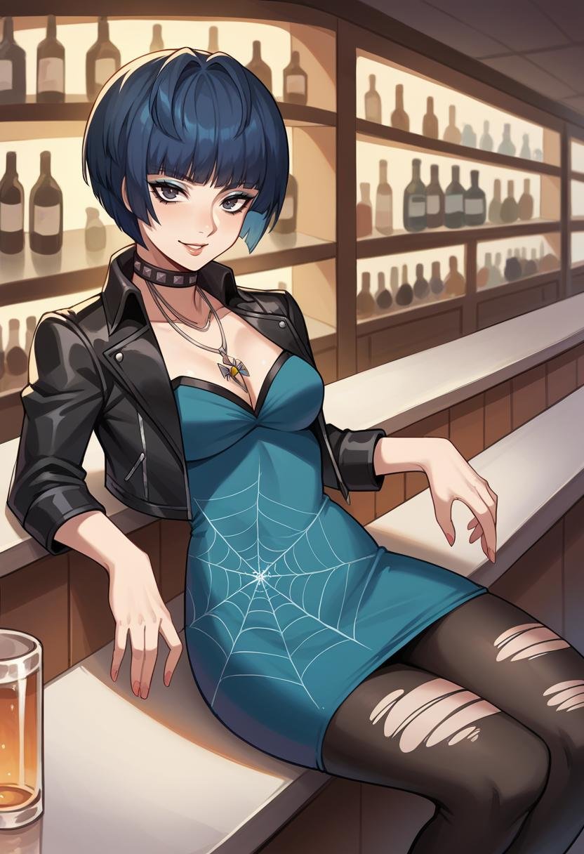 score_9, score_8_up, score_7_up, source_anime BREAK 1girl, solo,   <lora:zs_TakemiXL:1> takemicasualp5, short hair, bob cut, black hair, blue hair, choker, necklace, leather jacket, blue dress, spiderweb, ripped pantyhose, makeup, eyeliner, bar, sitting, looking at viewer, seductive smile, assertive female, 