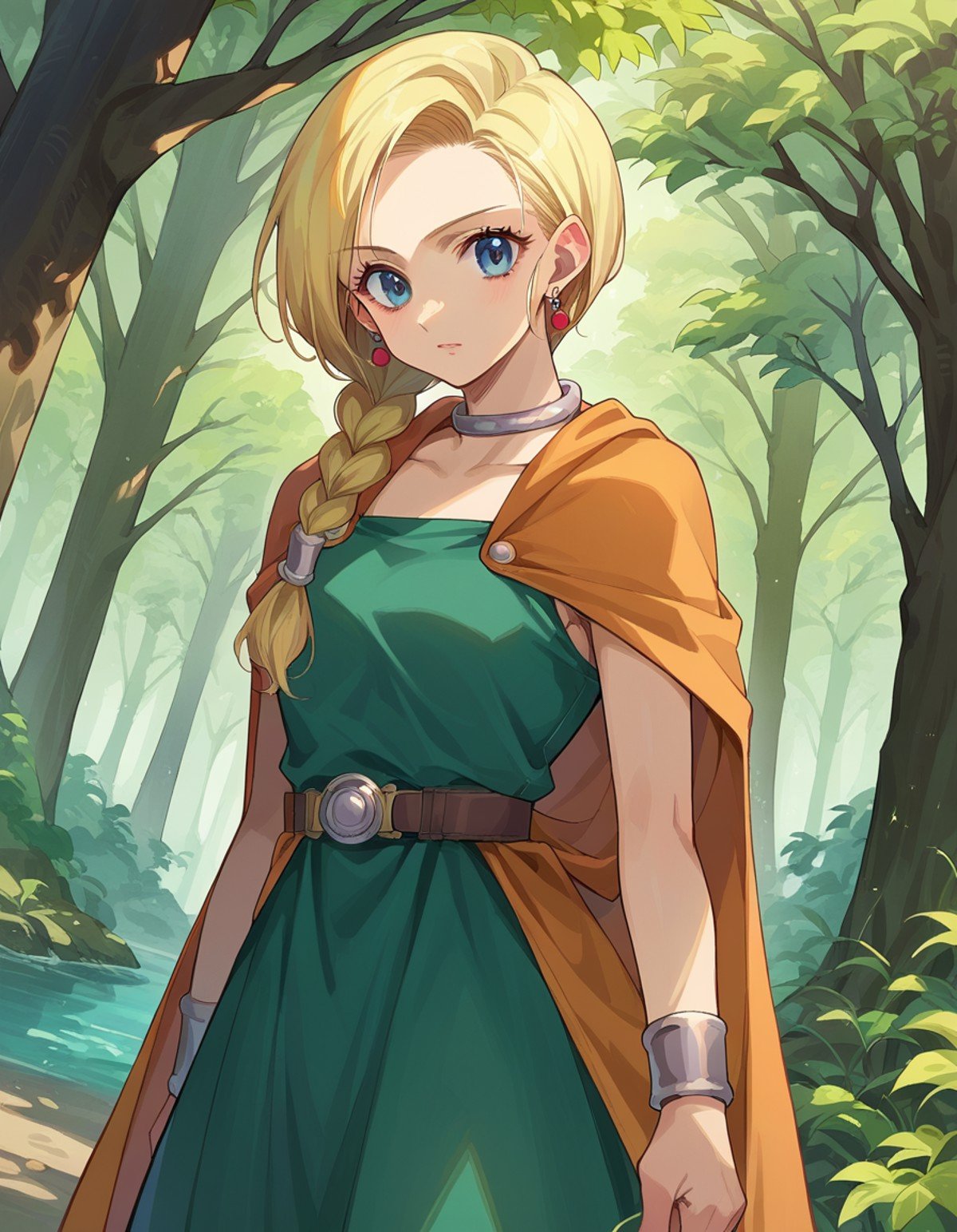 score_9, score_8_up, score_7_up, source_anime,dqbianca, <lora:dq-bianca-ponyxl-lora-nochekaiser:1>,bianca, blonde hair, blue eyes, braid, braided ponytail, long hair,belt, brown belt, cape, dress, earrings, jewelry, green dress,outdoors, forest, nature,looking at viewer, dutch angle, cowboy shot,