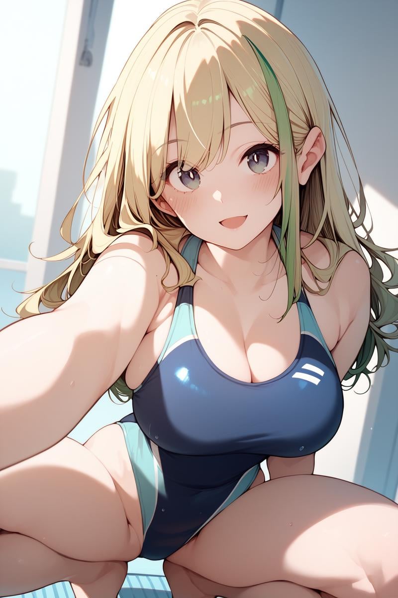 score_9, score_8_up, score_7_up,   1girl, breasts,  swimsuit,  one-piece swimsuit, green hair, blonde hair, long hair, streaked hair, solo, squatting, blush, looking at viewer, cleavage, large breasts, smile, open mouth, selfie, barefoot, competition swimsuit, spread legs,   <lora:Sirokuma_PonyXL_dim24-000045:1>