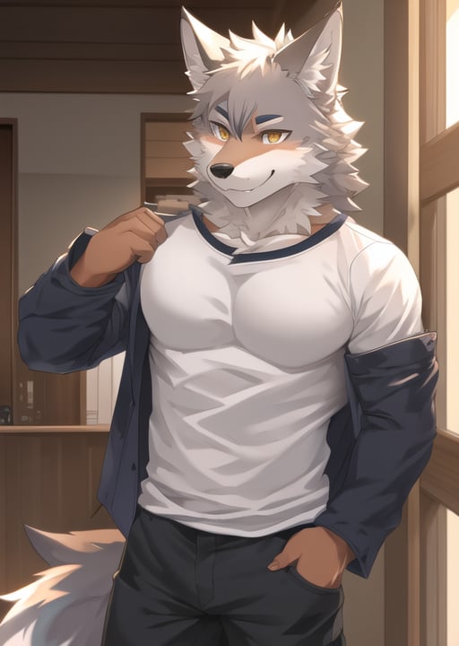 kemono male wolf, long pants, shirt, happy smile, extreme detail, masterpiece, hi res, high detail, detailed eyes, detailed hands, full body picture,