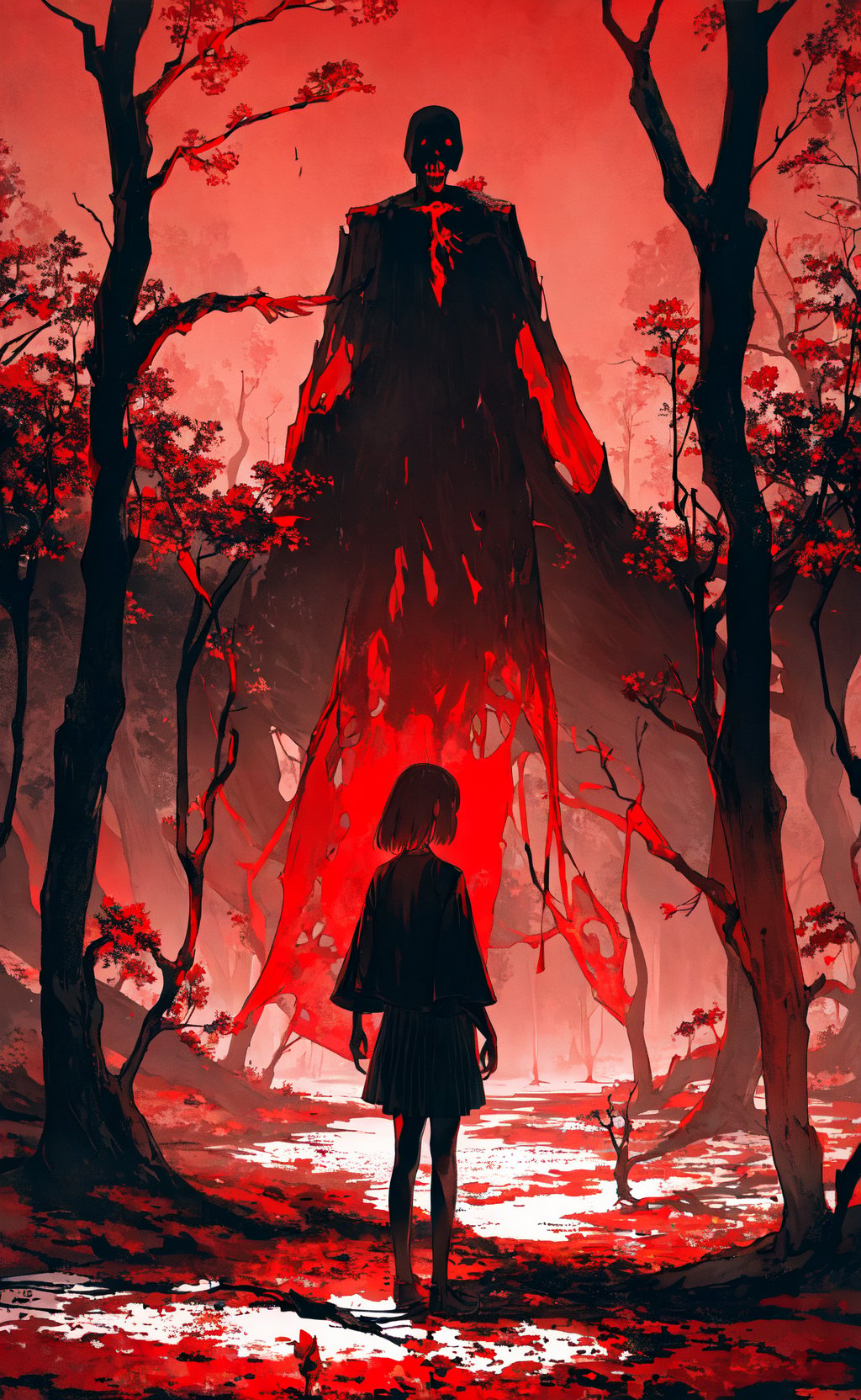 masterpiece, best quality, girl standing under the dead tree, black and red palette, eerie