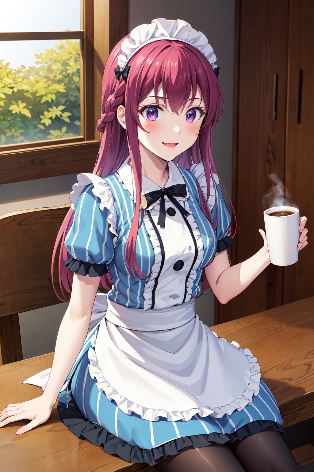 masterpiece, best quality, highres, 1girl, solo, long hair, purple hair, braid, maid headdress, purple eyes, neck ribbon, frills, vertical stripes, blue dress, short sleeves, apron, black pantyhose, <lora:makuzawa_ouka_v1:0.7>, sitting, coffee, indoors, table, smile, holding cup, 