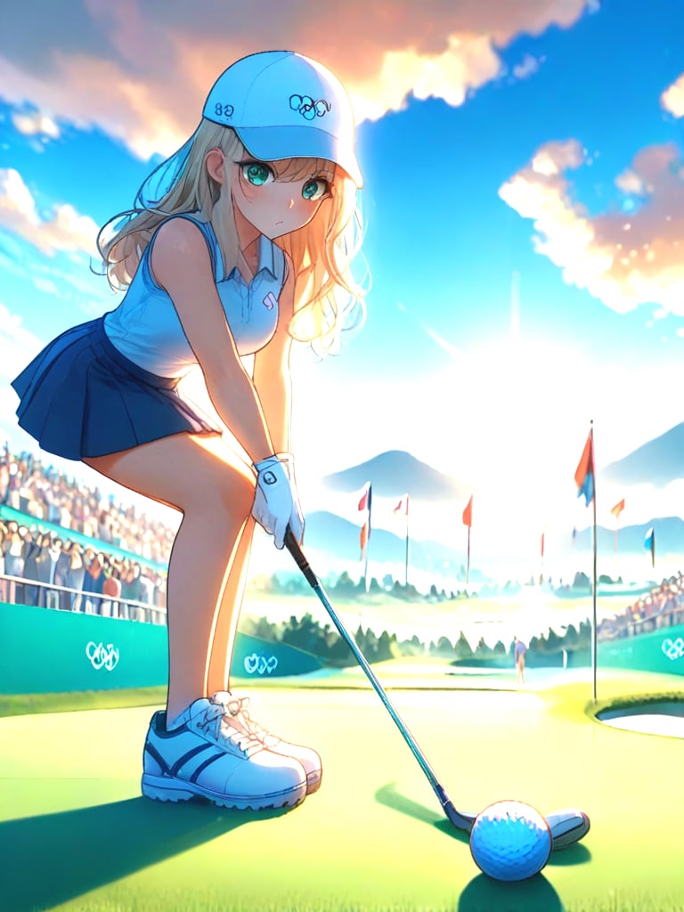 source_anime, squatting, holding golf club, playing golf, golf course, golf ball, full body, 1girl, leaning forward, olympic rings, visor cap, polo shirt, sleeveless, skirt, gloves, sneakers, shy, blush, parted lips, big tits, blonde hair, side swept fringe, outdoors, sunrise, colorful sky, flagpole, <lora:girllikeplayinggolf_pony:1>