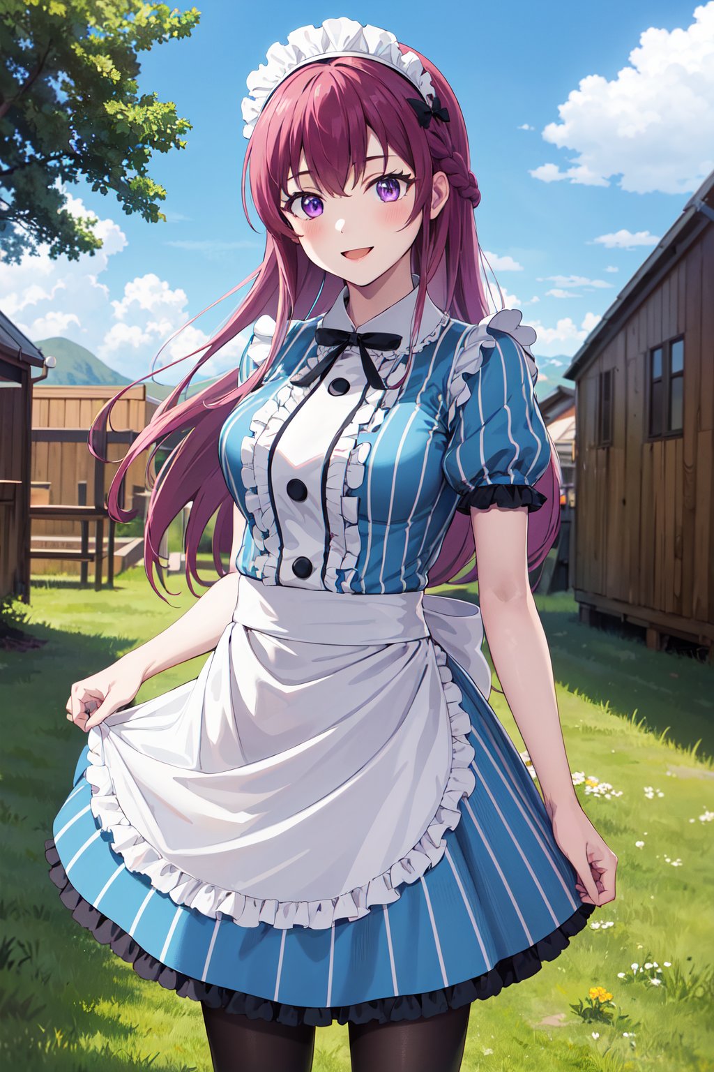 masterpiece, best quality, highres, 1girl, solo, long hair, purple hair, braid, maid headdress, purple eyes, neck ribbon, frills, vertical stripes, blue dress, short sleeves, apron, black pantyhose, <lora:makuzawa_ouka_v1:0.7>, standing, cowboy shot, outdoors, smile