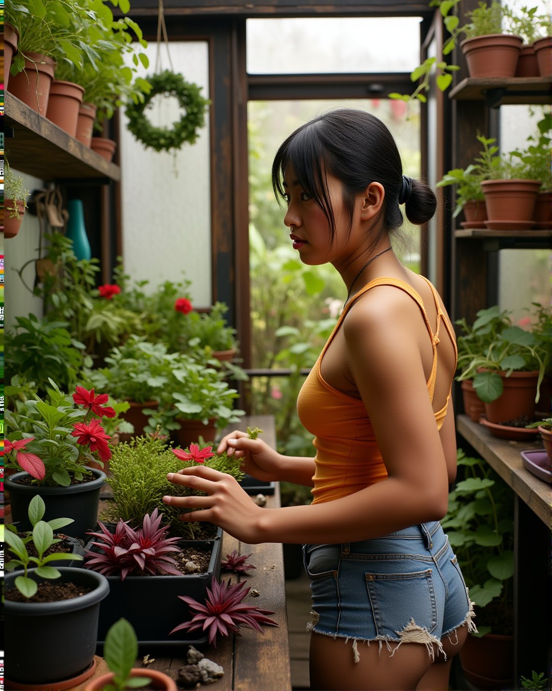 a wide angle photo of <lora:tslunarite_fl_20240823_1200:0.80> tslunarite (Japanese girl:0.5) taking care of plants in a cozy greenhouse cluttered with plants and gardening tools. She is slightly turned towards the camera with her face in focus, but absorbed in her work looking away. There are different colors and sizes of plants with many varieties such as vegetables, herbs, flowers, and red leaves. The plants are growing in various shelves, pots, trays, and hanging planters throughout the greenhouse that gives a chaotic feel. She is wearing a tank top that is orange-yellow and pansy purple with that exposes her <lora:Underbun_Underbutt_Shorts_Skirts_FLUX:0.75> gluteal fold lower buttocks. The greenhouse has intricate architectural design, with accents of hardwood and intricate traditional tilework. The photo is lit with professional studio lighting, has a strong cinematic vintage analog film feeling with bokeh, chrome colors, and a strong vignette effect. <lora:Dever_Flux_Enhancer:0.33>