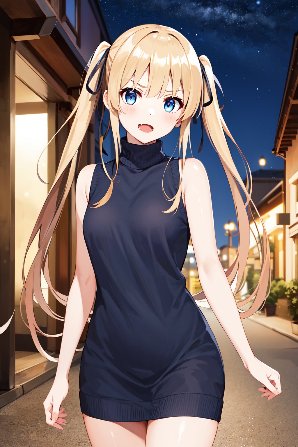 masterpiece, best quality, highres, aaeriri, long hair, twintails, hair ribbon, fang, <lora:sawamura_spencer_eriri_v1:0.7>, night, street, sleeveless, sweater dress, turtleneck, stnading, cowboy shot, 