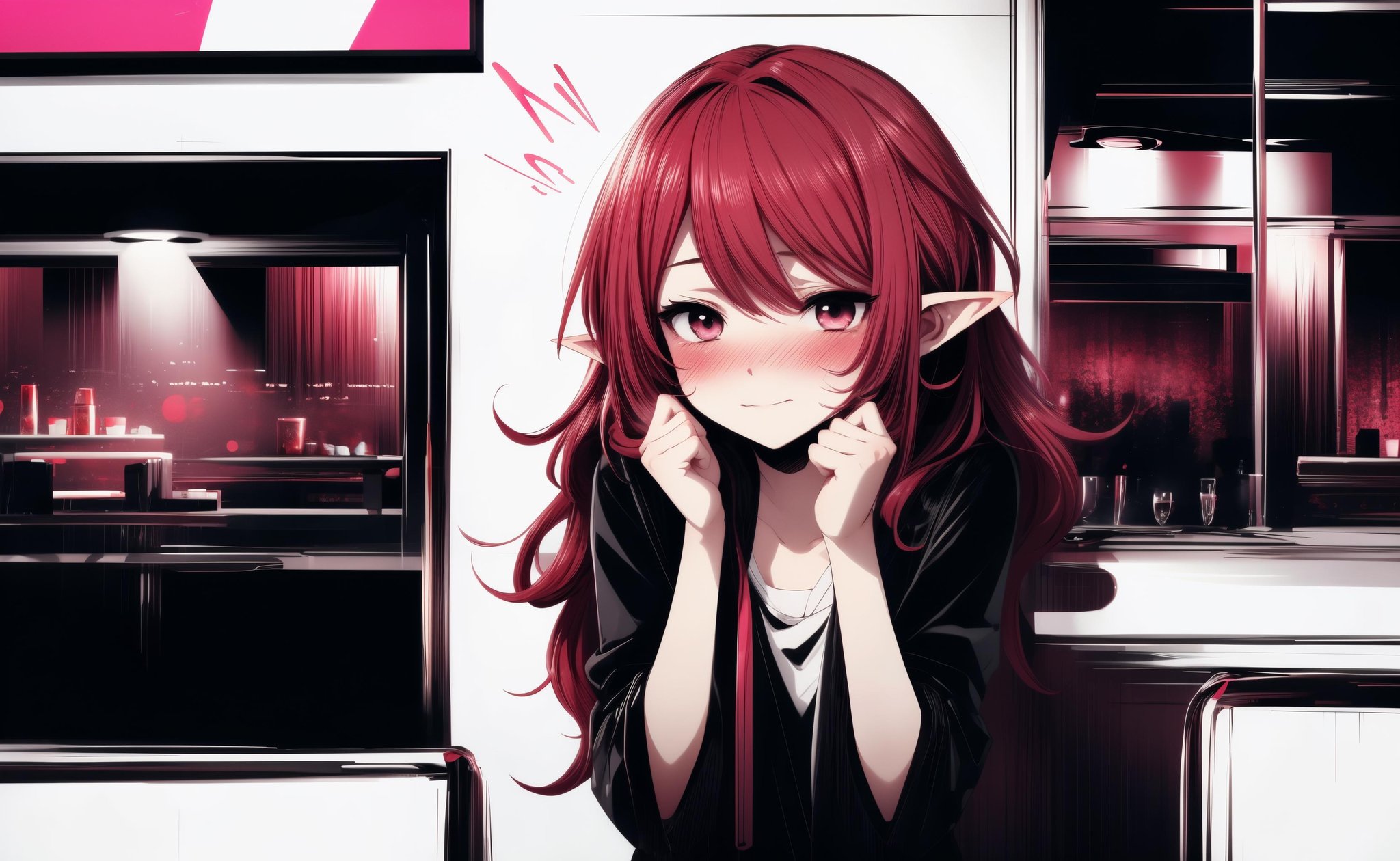 anime girl with pointy ears and white eyes at a Karaoke bar, Flustered: Blushing cheeks, stammering, and avoiding eye contact._, wavy hair, red hair, kawaii style, (Magenta theme)