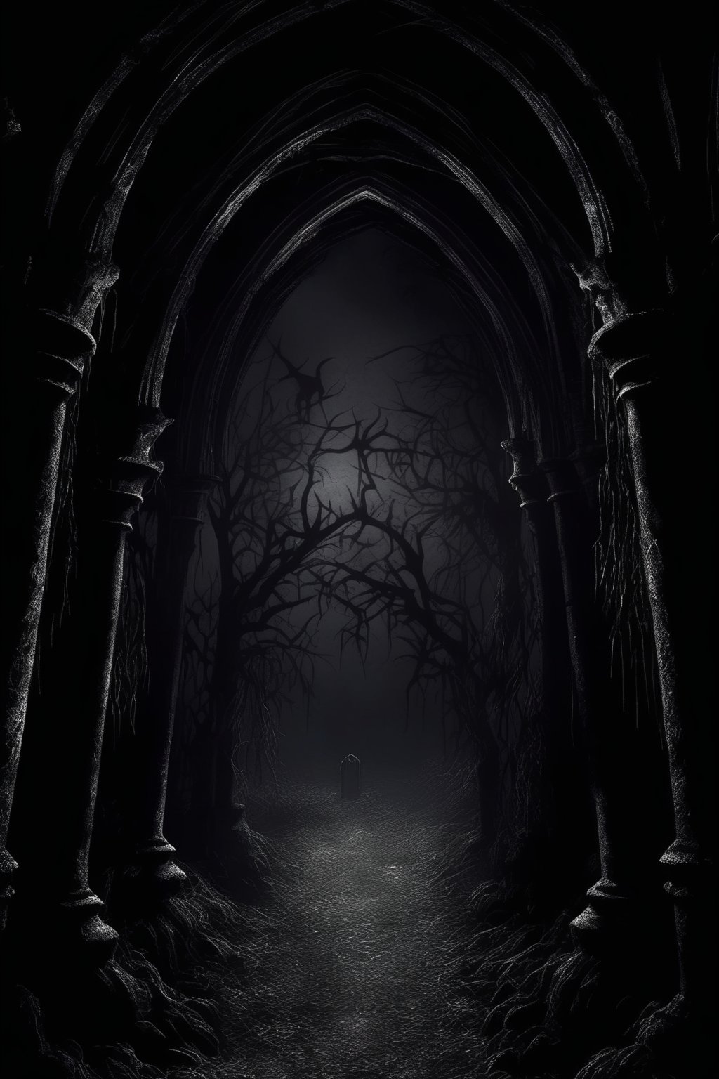 <lora:Dark Fantasy:1>Dark Fantasy - Gothic scene with pure black background with a little horror atmosphere black shadows