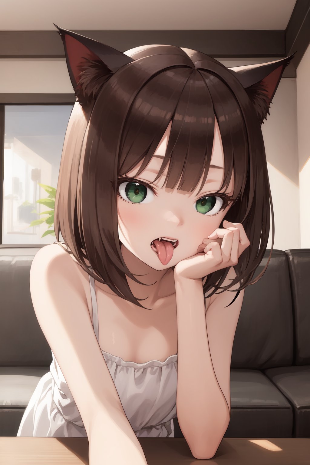 (masterpiece, best quality:1.2),1girl, brown hair, bob cut, cat ears, forehead, green eyes, slit pupils BREAKwhite dress, pov, open mouth, (hand on anothers chin:1.2), teeth inspection, tongue, (fangs:0.8), living room