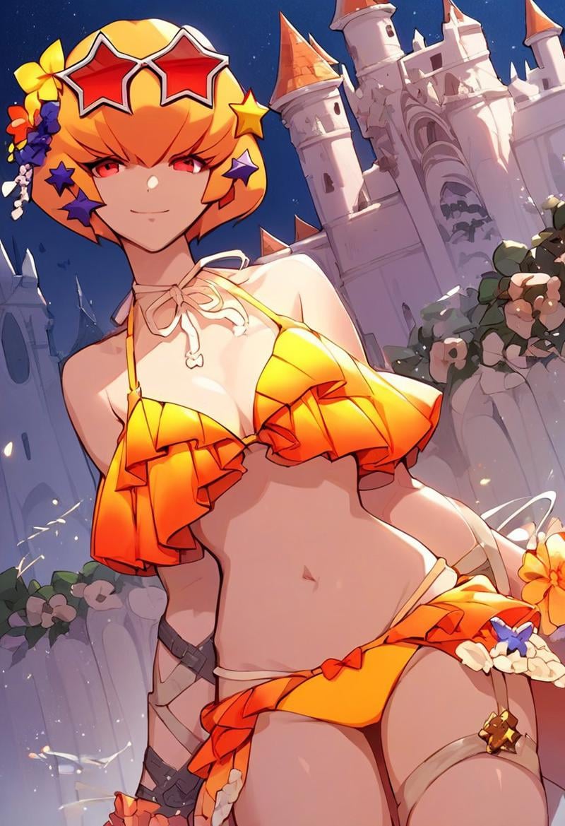 score_9, score_8_up, score_7_up,source_anime,Clementine, blonde hair, short hair, red eyes,star sunglasses on head, head accessory, orange bikini, strap, panties,castle view, moonlight,solo