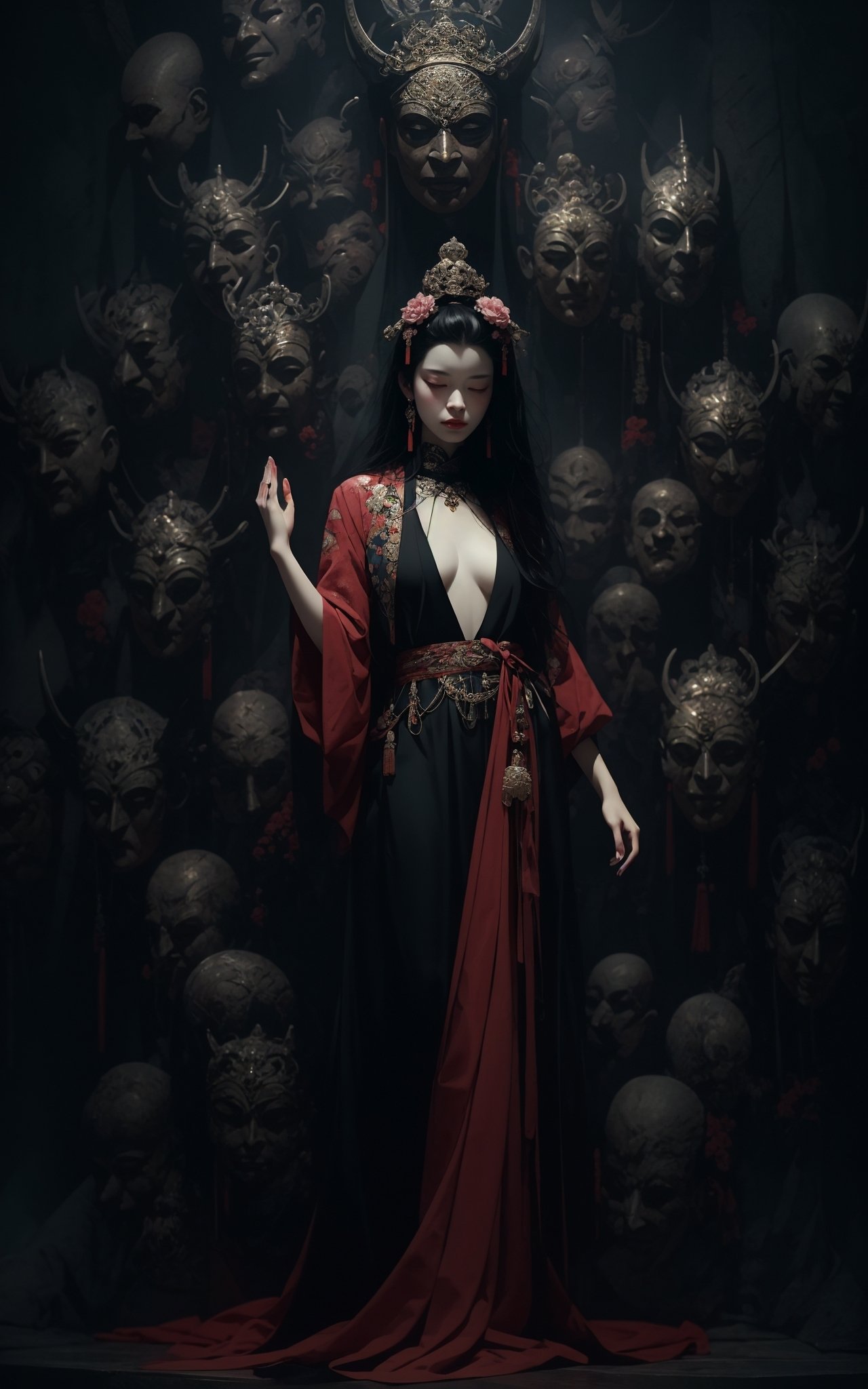 a woman meditating in front of lots of masks, in the style of zhang jingna, photomontage, hirohiko araki, oriental, sergio toppi, theatrical, poster art，(full body:1.5),<lora:绪儿已成精-佛:0.8>