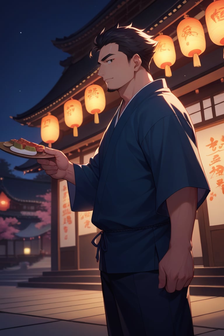 score_9, score_8_up, score_7_up, score_6_up, hannekenjinbei, outdoor, japanese architecture, night, summer festival, summer night, nighttime, feet out of frame, perfect anatomy, perfect proportions, best quality, masterpiece, high_resolution, high quality, aesthetic, absurdres, male focus, solo male, asian man, very short hair, black hair, black eyes, facial hair, green japanese clothing, green jinbei \(japanese clothing\), yarn knitting on sleeves, wide sleeves, short sleeves, side-knot closure clothing, indigo jinbei half pants, uchiwa handheld fan, adult, mature, masculine, manly, handsome, charming, alluring, standing, upper body, dutch angle, cowboy shot, from side, shinto shrine approach lined, food stalls<lora:EMS-444564-EMS:0.800000>, <lora:EMS-230149-EMS:0.600000>