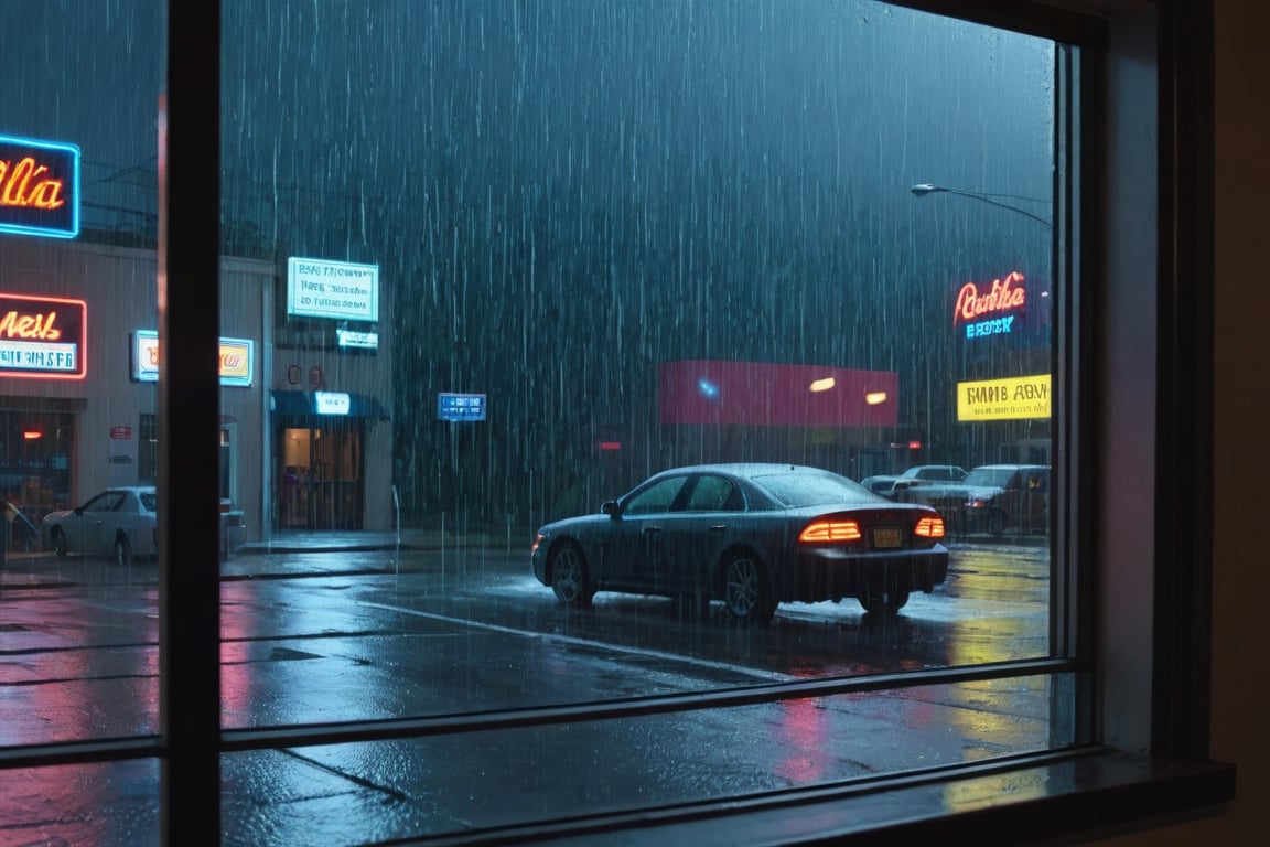 Heavy rain falling outside the window. Rainwater flows down the window. Neon signs,  car lights,  and people moving about in the distance are visible outside the window.Ultra-clear,  Ultra-detailed,  ultra-realistic,  full body shot,  very Distant view,  facial distortion,<lora:EMS-24184-EMS:0.800000>,<lora:EMS-74471-EMS:0.400000>,<lora:EMS-57135-EMS:0.400000>