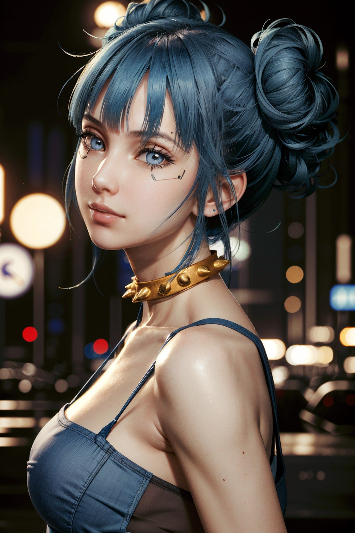 ( masterpiece, best quality, highres:1.3) <lora:CyberBlueMoon-000007:0.8>CyberBlueMoon, 1girl, white eyes, facial mark, blue hair, double bun, High angle shot