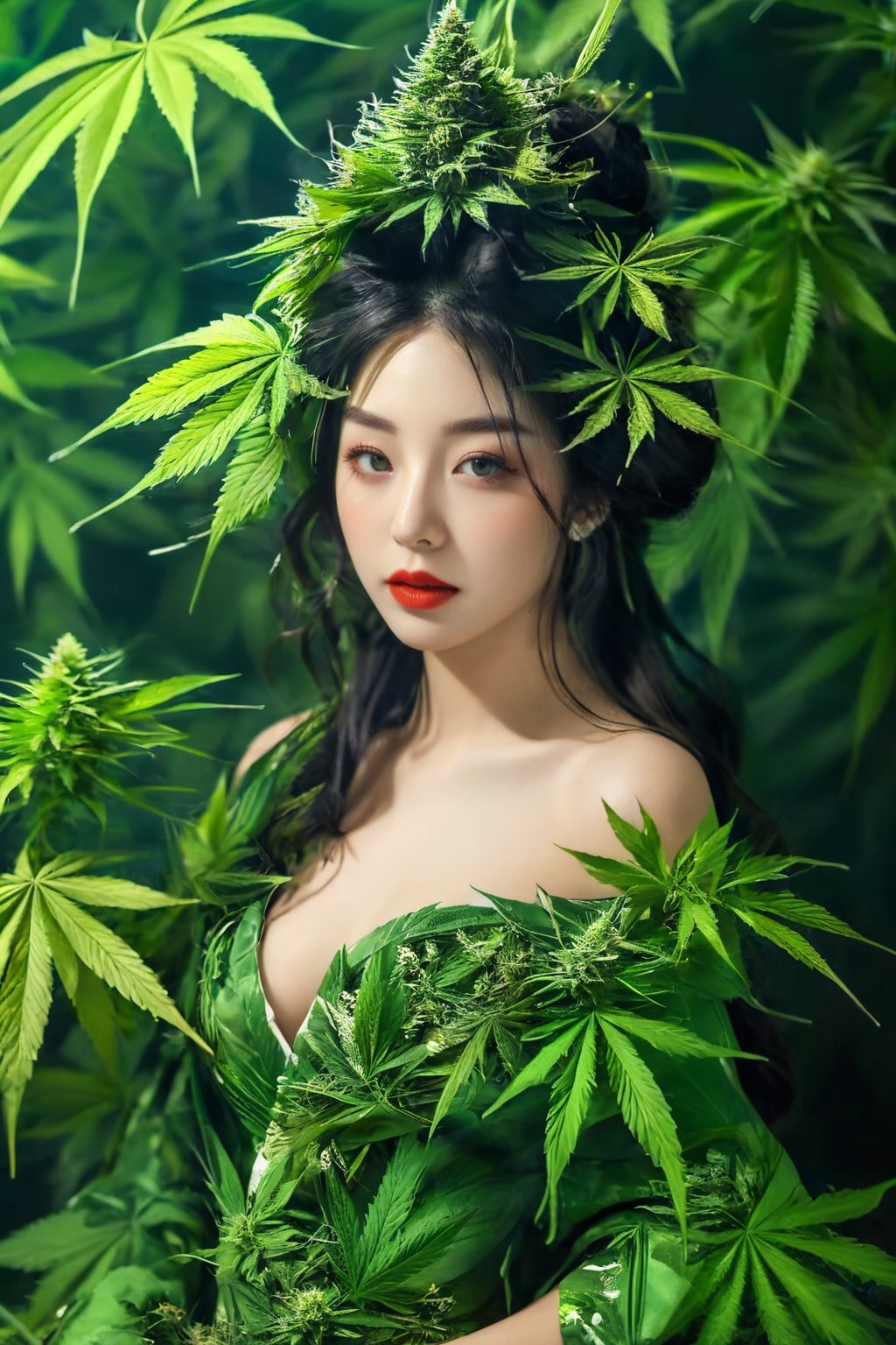 1girl wearing dress of marijuana leaves, personification of marijuana, organic seductive geisha, woman made of plants, with green cannabis leaves, princess of cannabis, covered in plants, realistic,cnbxl, details eyes<lora:EMS-329815-EMS:0.800000>