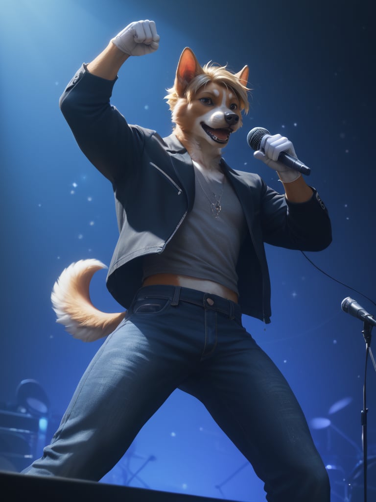 score_9, score_8_up, score_7_up, realistic, high quality, furry, male, dog, slim and tall, medium short  hairstyle, blonde hair, singing, microphone, stage idol, black denim pants, fancy black jacket, white glove, sparkles, fashion, DJ and band, nice angle, nice perspective, accessories, fist in air