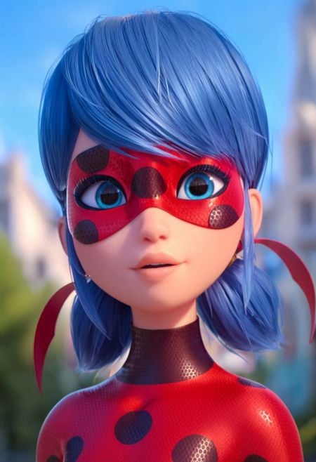 , score_9, score_8_up, score_7_up, score_6_up, score_5_up, Marinette, blue hair, two short pigtails, blue eyes, red mask with dots, red suit with dots, red hair decoration, looking at viewer, upper body, depth of field, blue sky, in Paris, in amusement park, 