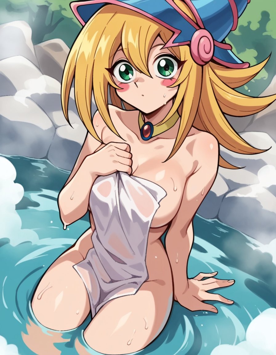 score_9, score_8_up, score_7_up, source_anime,darkmagiciangirl, <lora:dark-magician-girl-anime-ponyxl-lora-nochekaiser:1>dark magician girl, blonde hair, choker, green eyes, long hair, blush, blush stickers,nude, naked, outdoors, onsen, towel, naked towel, steam, bathing, nude cover, partially submerged, water, bath, steam censor, wet towel,looking at viewer, dutch angle, cowboy shot,