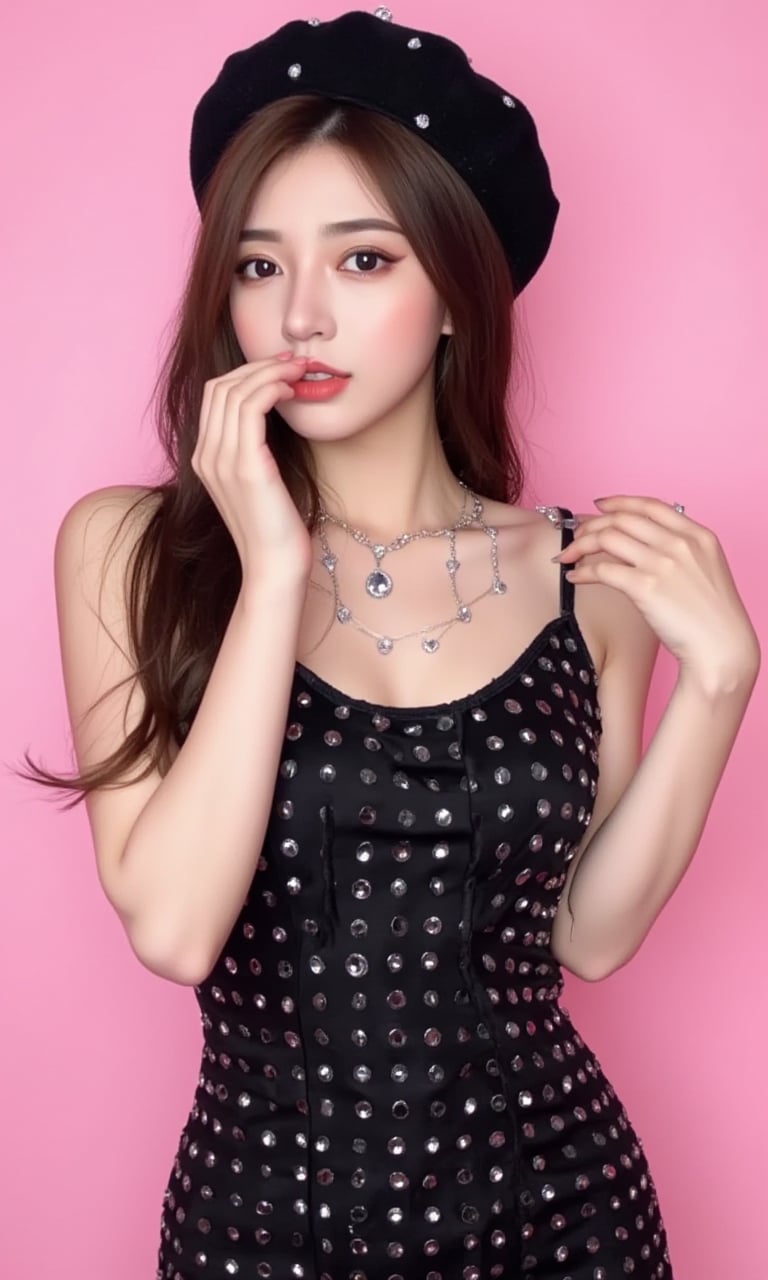 This is a clear and stylish image. The person in the picture is a young woman wearing a black dress decorated with many shiny diamonds. She also wears a black beret with diamond decorations. Her hair falls over her shoulders, and she is touching her hair with her right hand. The background is pink.