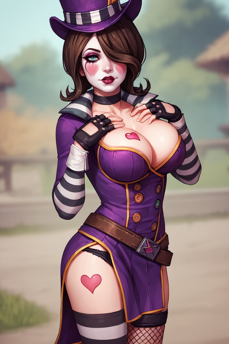 score_9, score_8_up, score_7_up, BREAK , 1girl, solo, looking at viewer, large breasts, breasts, <lora:moxxibl2-guy-v1PONY:.95>, moxxibl2, cleavage, top hat, makeup, heart tattoo, choker, fingerless gloves, lipstick, fingerless gloves, fishnets, thighhighs, belt, hair over one eye, striped, asymmetrical legwear, underwear, purple dress, outdoors, hand on own chest