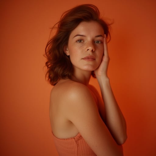 Against the plain, terracotta backdrop of an Art Deco design, a charismatic individual poses waist-up, their dark brown hair styled with subtle texture and eyes locking onto the camera lens with unbridled confidence. The soft, warm glow illuminates them highlighting delicate features and accentuating their figure.