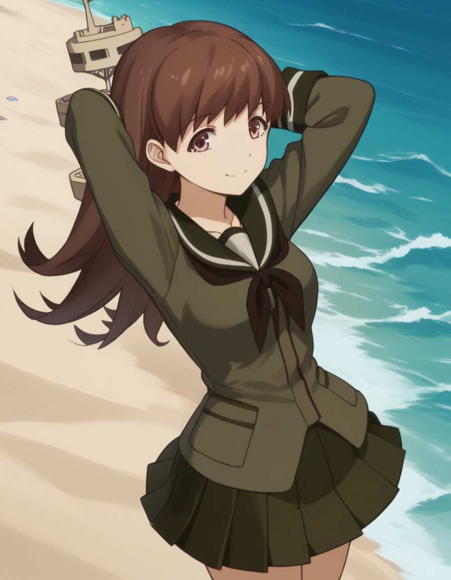 score_9, score_8_up, score_7_up, source_anime, <lora:kacolle-ooi-s1-ponyxl-lora-nochekaiser:1>, ooi, long hair, brown hair, brown eyes, ooi (kancolle), skirt, school uniform, pleated skirt, serafuku,, beach, sand castle, swimsuit, summer vacation, ocean wave, hands behind head,, smile, , smile, from above,, solo,, cowboy shot, dutch angle