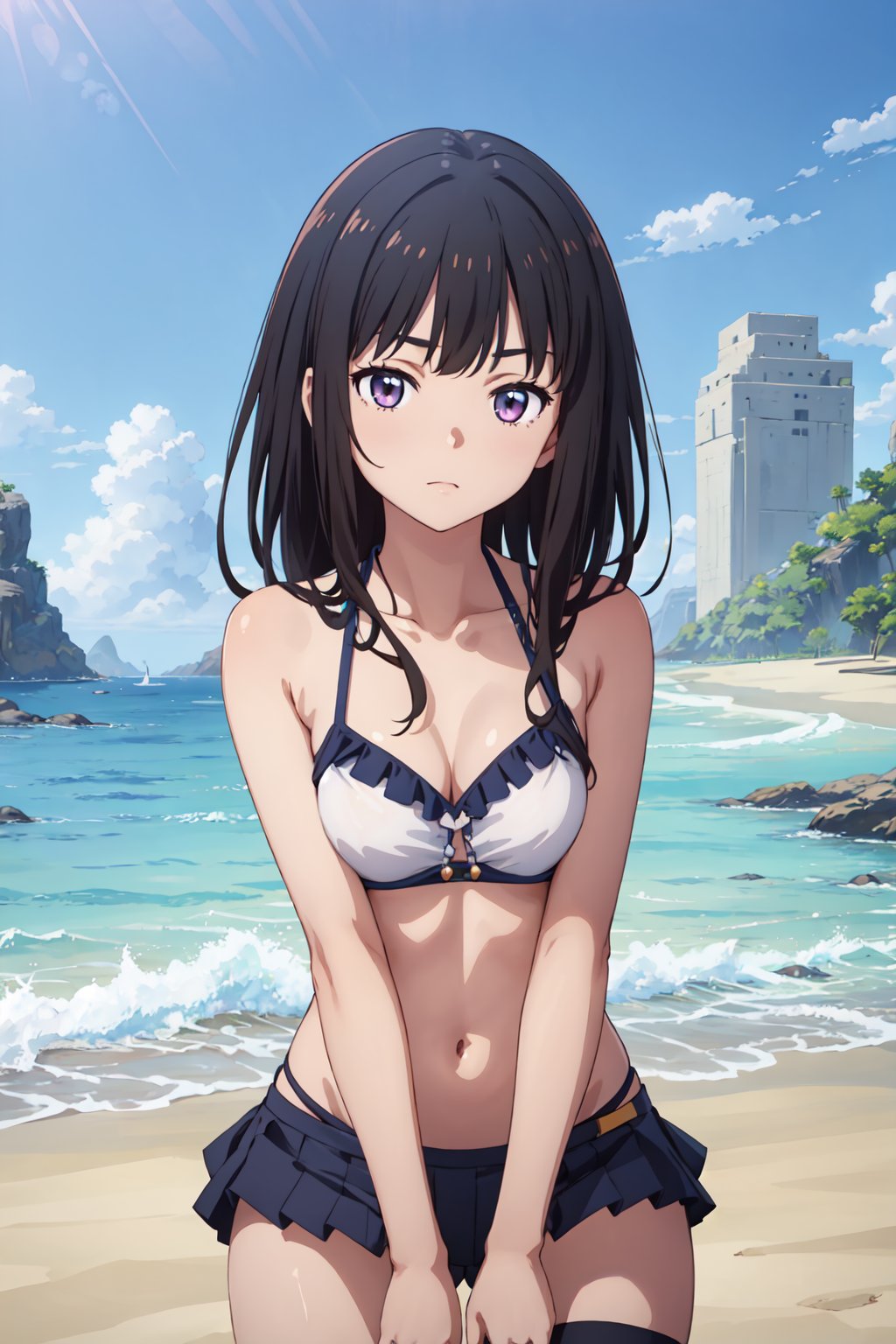 takina, 4k, absurd, high resolution, very high resolution, high definition, masterpiece, upper body, bikini, beach, v-arms<lora:EMS-361546-EMS:0.500000>