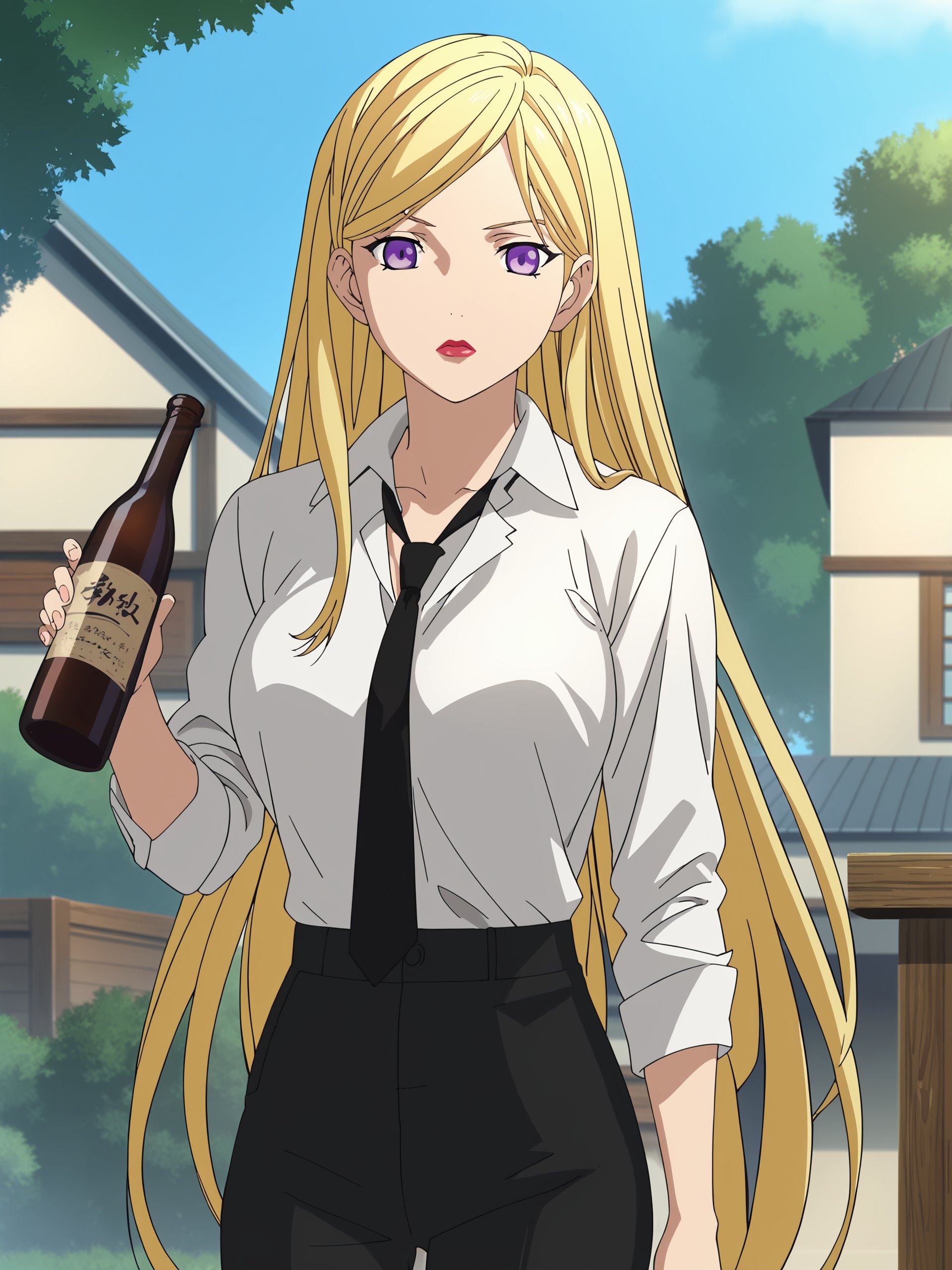 score_9, score_8_up, score_7_up, source_anime,anime screencap,anime coloring, official style, outside a house,<lora:Bishamon:1>solo woman, Bishamon, blonde hair, long hair, purple eyes, large breasts, lipstick,white shirt, black pants, black necktie, (girl holding alcohol bottle, girl drinking from bottle),